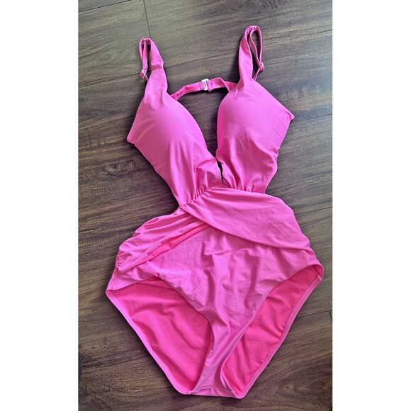 Bar III Women's Draped Monokini one piece Swimsuit  Candy Pink L - Picture 3 of 6